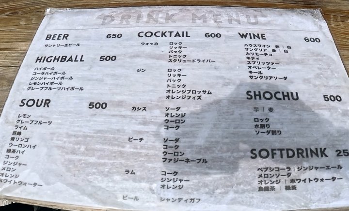 飲み放題のメニュー